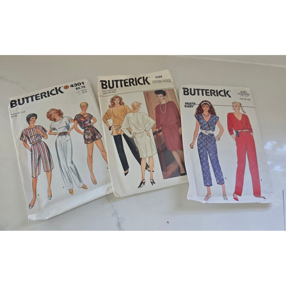 Vintage 80s Butterick Sewing Patterns Lot Jumpsuit Dress Pants 4301 6286 3181